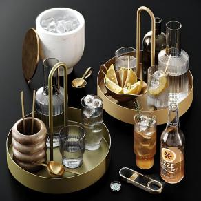 现代洋酒饮料 酒杯 水果盘 橙子 金属茶盘 食物冰块